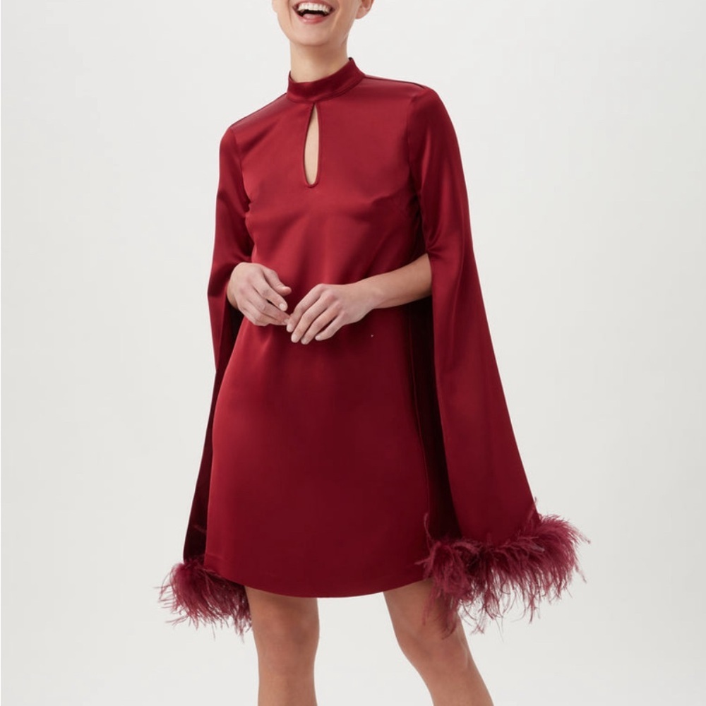 Trina Turk Burgundy Midi Dress with Feather Trim